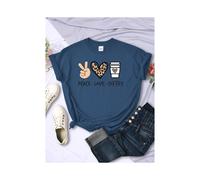 (Haze Blue, S) Peace Love Coffee Prints Women Tshirts Cotton High Quality T-Shirts Brand Breathable Tees Shirts Street O-Neck Tshirt For Women