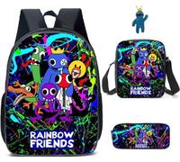 HAZEK 3Pcs Anime Game Rainbow Backpack Set with Keychain,16in 3D Printed Friend Cartoon Lunch Bag High Capacity Schoolbag Rainbow Friends Backpack (A)