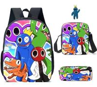 HAZEK 3Pcs Anime Game Rainbow Backpack Set with Keychain,16in 3D Printed Friend Cartoon Lunch Bag High Capacity Schoolbag Rainbow Friends Backpack (B)