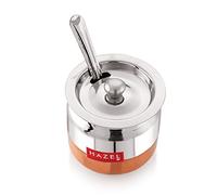 Hazel 0.3kg Stainless Steel Ghee & Oil Container with Spoon - 8cm Multipurpose Kitchen Storage Jar