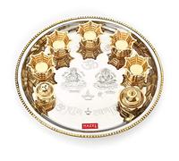 HAZEL Stainless Steel Pooja Thali Set for Aarti | Golden and Silver Color Aarti Thali with 5 Diya & 1 Agarbatti Stand | Aarti Thali for Pooja for All Occasion