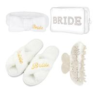 Hazms Bride Robe for Wedding Day Set with Makeup Bag, Slippers, Lace Trim White Robe -Short Getting Ready Wedding Robes, White