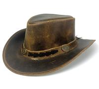 Hazy Blue Detroit Real Leather Mens Cowboy Hat - Tan Brown Western Hat Style Australian Bush Hat with Shapeable Brim (UK, Alpha, S, Tan Brown)