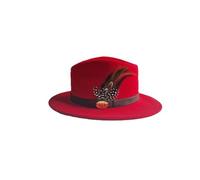 Hazy Blue Mens Ladies Fedora Wide Brim 100% Wool Blend Water Resistant Leather Band Felt Hat Pheasant Feather (UK, Alpha, L, Red)