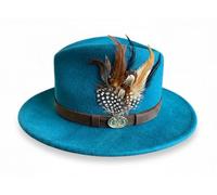 Hazy Blue Mens Ladies Fedora Wide Brim 100% Wool Blend Water Resistant Leather Band Felt Hat Pheasant Feather (UK, Alpha, M, Teal)