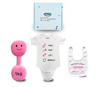 Hazza Toyz Lil Lifter Starter Set - Baby Gift Box with Plush Dumbbell Toy, Cotton Bodysuit & Bib | Unique Newborn Baby Gift (Candy Château Pink, 0-3 Months)