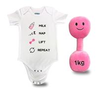 Hazza Toyz “Milk Nap Lift Repeat” Baby Bodysuit | Funny Gym Baby-Themed Grow for Boys & Girls | Premium Cotton (White + Candy Château Pink, 6-12 Months)