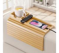 Hazzas Bamboo Couch Armrest Table, Sofa Arm Tray with Detachable Couch Cup Holder - 2 in 1 Anti-Slip Foldable Sofa Armchair Caddy Table - Cup Holder for Drinks Cellphone TV Remote Snacks