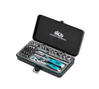 HB 120-Tooth Offset Reversible Ratchet Handle 1/4" Drive, Quick Release, Made in Taiwan with EVA Insert Metal Box for Storage 47-Piece Socket Set AKM019-G