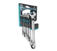 HB 7 Piece Ratchet Spanner Set Metric 90 Tooth & 120 Tooth Non Slip Reversible Combination Wrenches with Storage Rack Chrome Vanadium Steel Professional Workshop Tools Made in Taiwan WGM002-G