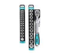 HB 72-Tooth 1/4 & 1/2 Inch Drive Extendable Ratchet Handle 27 Pieces Socket Set, Made in Taiwan, with Two Portable Storage Racks, Made in Taiwan AKM005-G.