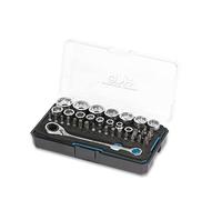 HB Pass Thru 120-Tooth Low Profile Ratchet Wrench Set 38 Piece Non Slip Sockets for Rounded or Standard Bolts with Star Bits Chrome Vanadium Steel Portable EVA Case Made in Taiwan AGM025-G