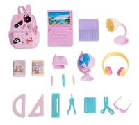 Hbbgdiy 18Pcs Mini School Supplies Dollhouse, Including Tiny Backpack, Mini Laptop, Desk lamp, Stationery, Globe, Glasses, Headphones Doll House Accessories Set
