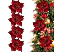 Hbbgdiy 4Pcs Christmas Flowers Artificial Velvet Magnolia Glitter Elegant Ornaments for Christmas Tree Decorations, Wedding, Party and Home Decor, Red