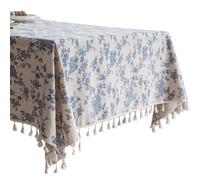 Hbbgdiy 55×71" Blue Floral Cotton Linen Tablecloth with Stitching Tassel Edges, Pastoral Vintage Rectangle Table Cover for Kitchen, Dining, Picnic & Garden Party