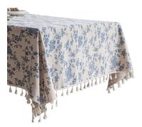 Hbbgdiy Blue Floral Tablecloth 55x71 Inch Cotton Linen Rectangle Table Cloth with Tassel Stitching Vintage Pastoral Style Table Cover for Dining Kitchen Picnic Party Decoration