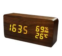 Hbbgdiy Digital Clock 6x3 Inch Wooden LED Alarm Clock with Thermometer and Hygrometer, 2000mAh, USB Rechargeable, 3 Levels Lighting, Sound Activated, for Bedroom Office Desk