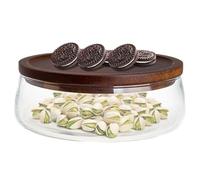 Hbbgdiy Glass Serving Bowl, Clear Glass Round Salad Bowl with Wooden Lid for Fruit Candy Nut Snacks, Farmhouse Style Food Storage Dish for Home Kitchen Party, L