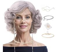 Hbbgdiy Grandma Costume Set, 4Pcs Old Lady Wig Set Includes Curly Granny Grey Wig, Pearl Necklace, Glasses with Chain and Cap for 100th Days of School Cosplay.