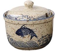 Hbbgdiy Sugar Bowl with Lid and Spoon, Ceramic Salt Bowl with Japanese Pattern & Earmarked Hole Seasoning Container for Sugar, Salt, Pepper, Spices, Jams, Tea, Coffee.