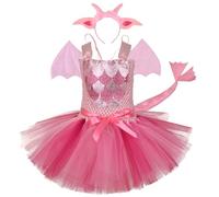 Hbbgdiy Toddler Dinosaur Costume, Bowknot Tulle Toddler Halloween Costume Girl with Ear Headband & Tail & Wing Cute Soft for Cosplay Photo Shoot Party Performance, S