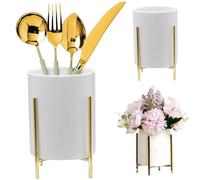 Hbbgdiy Utensil Holder, Ceramic Countertop Cutlery Holder with Metal Frame 3.6x4.3 Kitchen Utensil Organizer for Spoon Fork Storage and Flowers, Gold