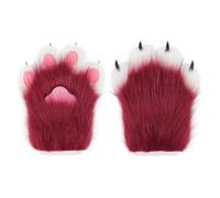 hbbhml Faux Fur Plush Furry Cat Claw Gloves Fursuit Animal Fox Paws Mittens Halloween Cosplay Costume Accessory for Adults, Wine red, eine Größe.