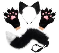 hbbhml Fluffy Ears Tail and Cat Paw Gloves Set Cosplay Costume Accessory for Halloween Christmas Carnival Party Dress Up, black, eine Größe.