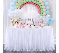 HBBMAGIC Tulle Table Skirt, White, Tutu Table Skirts, 183 x 76 cm, Candy Table Cloth Tulle for Birthday Girls Decoration, Baby Party, Candy Bar, Wedding, Without LED
