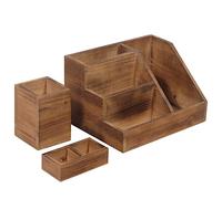 HBCY Creations Rustic 3-Piece Desk Organiser Set - Brown - For Stationery, Letters, & Mail - Storage for Home & Office Supplies with Pen Holder Cup & Holding Tray - Pine Wood