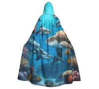 HBDVHZ Full Length Dolphins Sea Turtle Shark Octopus Coral Reef Print Hooded Cloak For Adults,Carnival Cape,Masquerade Costume,Unisex