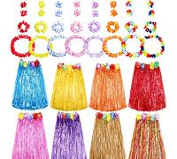 HBell 8 Set 40PCS Hawaiian Grass Skirt Garlands,Hawaiian Leis Bracelet Headband Necklace,Hawaii Luau Skirts Costume Fancy Dress,for Kids Adults Summer Beach Tropical Party Decorations
