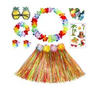 HBell 8pcs Hawaiian Hula Skirt Costume Set,40cm Hawaiian Grass Skirt,Hawaii Leis,Pineapple Glasses for Kids Fancy Dress Supplies Summer Beach Tropical Party Decorations (Colorful)