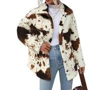 HBER Women's Casual Faux Fur Jacket Trendy Long Sleeve Button Up Cow Print Autumn Winter Loose Sherpa Fur Coats with Pockets, Brown, Large