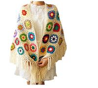 Hblanket Handmade Crochet 70x34in Fringed Poncho Cape Shawls Wraps Granny Square Womens Coat Sweater, White, One size