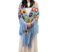 Hblanket Handmade Crochet 70x34in Fringed Poncho Cape Shawls Wraps Granny Square Womens Coat Sweater, Powder Blue, One Size