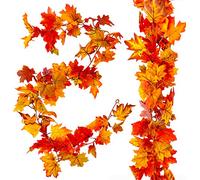 HBlife 2pcs Artificial Autumn Fall Maple Leaves Garland Hanging Plant for Home Garden Wall Doorway Backdrop Fireplace Decoration, Thanksgiving Wedding Party Decor (Deep)