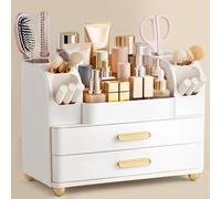 HBlife Makeup Organizer for Vanity with Brush Holder, Large Bathroom Countertop Cosmetic Organizer Skin Care Storage, Easy to Store Lipsticks, Nail Polishes, Perfumes, Eyeshadow Palettes, All White