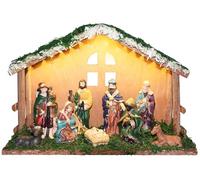 HBPLN Wooden Nativity Set with Light, Christmas Crib Set with 9 Figures, Nativity Stable with Moss Decoration, Light Up Nativity Scene Christmas Decoration for Indoor, Living Room, Tabletop