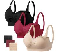 HBselect 3 Pack Women’s Nursing Bra Wireless Seamless Maternity Bra Breastfeeding Bras Bralette with Removable Bra Pads Extenders (XL, Black+Beige+Wine Red)