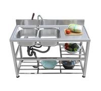 HBSSP Double Bowl Sinks with Drainboard Free Standing Stainless Steel Kitchen Sink,Commercial Workstation Basin(Left Double Basin)