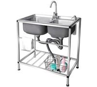 HBSSP Double Bowl Stainless Steel Bar Sink with Hot and Cold Faucet,Outdoor Indoor Commercial Freestanding Kitchen Water Channel