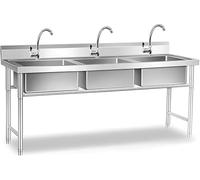 HBSSP Freestanding 3 Bowl Kitchen Sink,3 Compartment Commercial Stainless Steel Sink with Faucet for Laundry Room, Garage, Restaurant(120x60x80cm(47.2x23.6x31.5in))