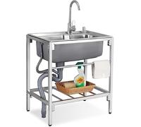 HBSSP Freestanding Stainless Steel Utility Sink Commercial Outdoor Single Bowl Sink with Hot and Cold Tap for Restaurant, Bar, Laundry, Garage, Backyard