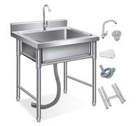 HBSSP Outdoor Kitchen Sinks 304 Stainless Steel Single Bowl Utility Sinks Free Standing Catering Commercial Restaurant Basin Prep Workstation with Faucet(60x60cm)