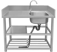 HBSSP Stainless Steel Kitchen Commercial Sink Single Bowl with Faucet and Storage Shelves Workbench for Outdoor Indoor Restaurant(A,80x50x80cm)
