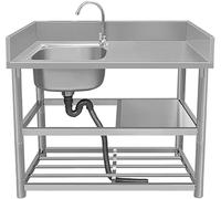 HBSSP Stainless Steel Kitchen Commercial Sink Single Bowl with Hot Cold Faucet and Storage Shelves Workbench for Outdoor Indoor Restaurant(B,90x50x80cm)
