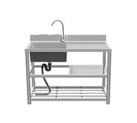 HBSSP Stainless Steel Kitchen Large Single Bowl Sink with Water Tap and Draining Rack 1 Compartment Hand Washing Station(Right Cold,110x50x80cm)