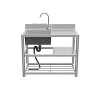 HBSSP Stainless Steel Outdoor Sink Large Single Bowl Laundry Room Water Channel with Hot Cold Water Tap and Draining Rack