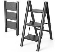 HBTower 3 Step Ladder, Lightweight & Compact Folding Step Stool with Anti-Slip Pedals and Rubber Feet, Heavy Duty Steel Frame, 150kg Capacity, Easy to Carry for Home and Kitchen Use